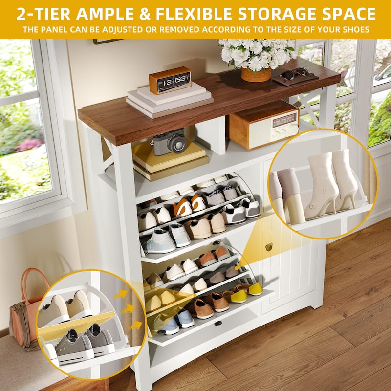 Moasis Farmhouse Shoes Cabinet 18 Pairs Storage Rack with 2 Flip Drawers