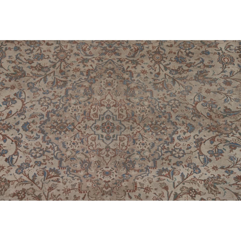 Beige Traditional Mashad Persian Vintage Rug Handmade Wool Carpet - 9'8"x 12'8"