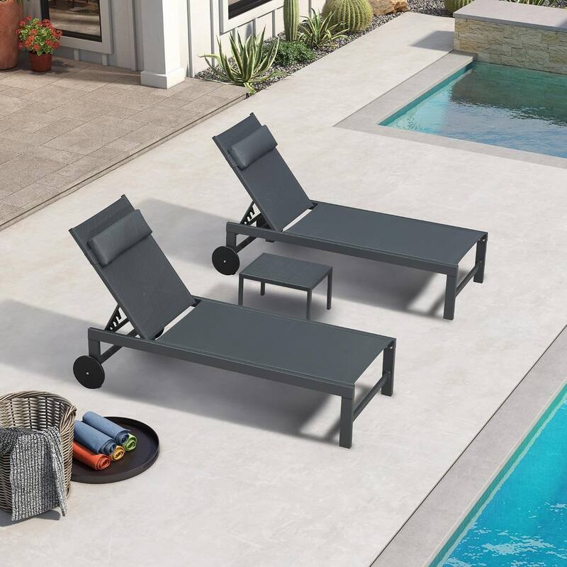 PURPLE LEAF Lounge Chair Set for Outside Aluminum Patio Recliner with Side Table and Pillow Beach Sunbathing Tanning Chairs - Straight leg(Grey)