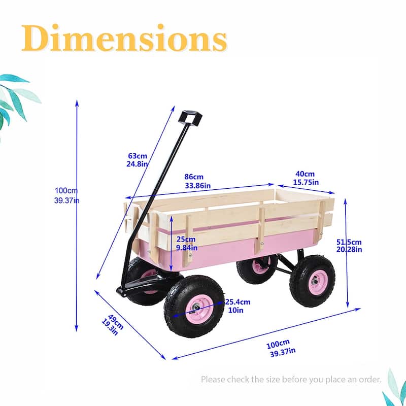 Outdoor Garden Cart, All Terrain Cargo Wagon Wood Railing Children - 39.37" x 19.3" x 20.28" (L x W x H)