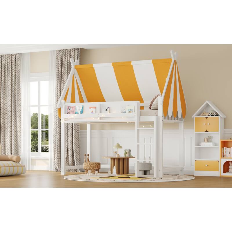 Roomfitters Twin/Full Size Loft Bed with Canopy, LED Lights and Book Shelf