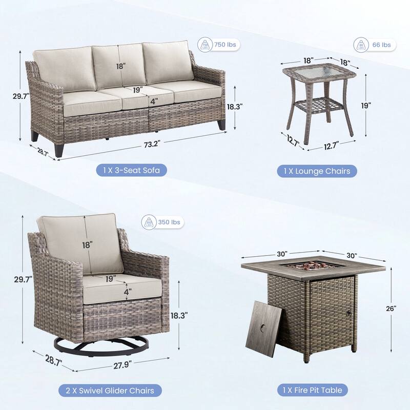 Pocassy 5-Piece Outdoor Sofa Siwvel Chair w/ Fire Pit Table