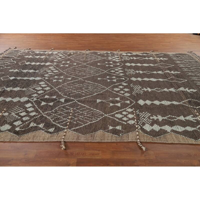 Brown Moroccan Area Rug Handmade Wool Carpet - 8'5" x 12'10"
