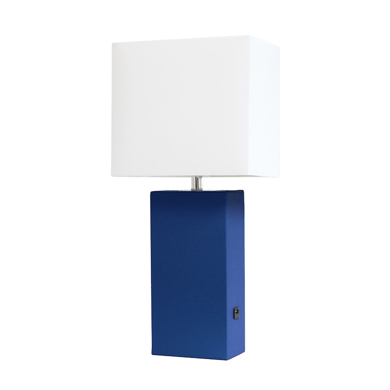 Modern Leather Table Lamp with USB and White Fabric Shade