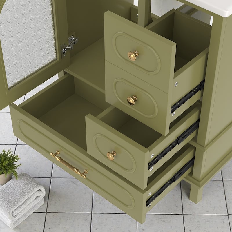 30" Bathroom Vanity with Sink, Freestanding Wood Cabinet with 3 Drawers and Semi-Transparent Door, Single Vanity