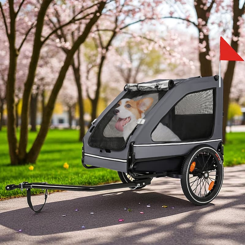 88LB Dog Bike Trailer - Foldable Pet Bicycle Cart with Quick Release Wheels, Storage Bags & Safety Leash - Black Grey