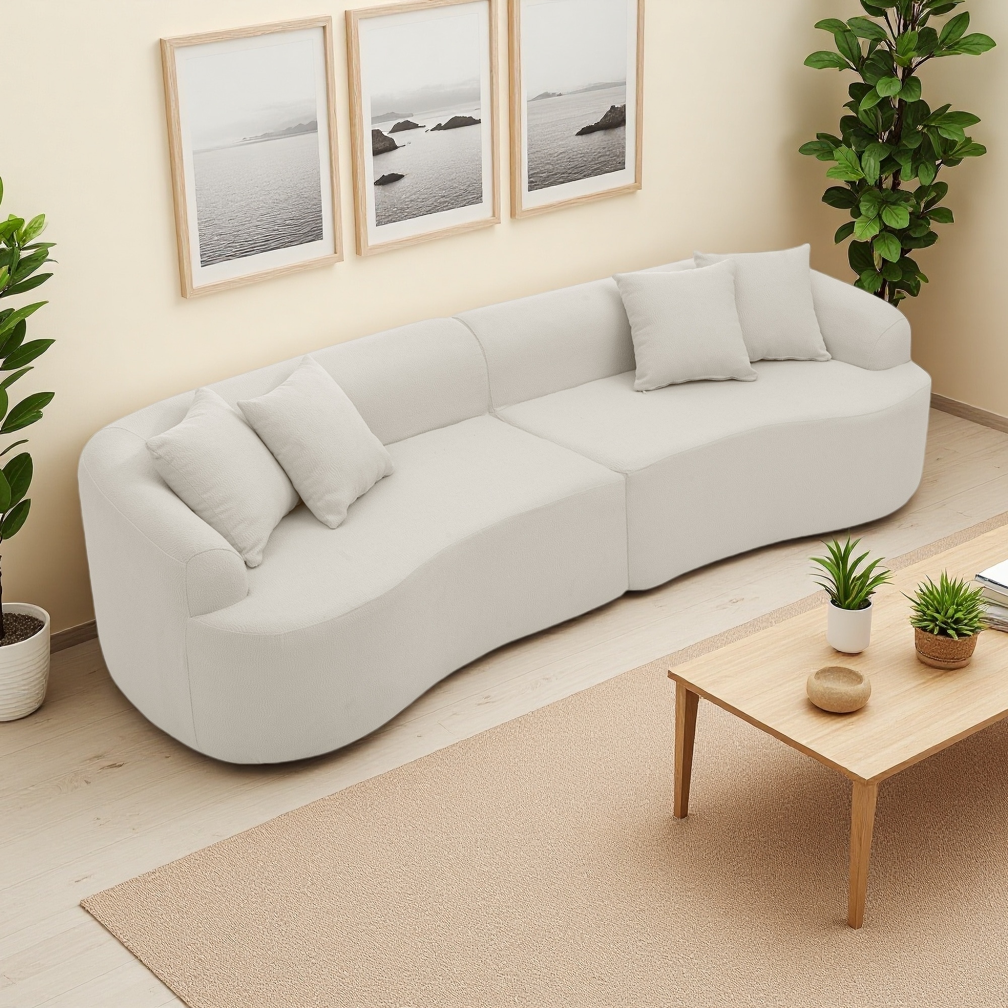 Lamb's Wool Curved Modular 4-Seater Sectional Sofa, No Assembly
