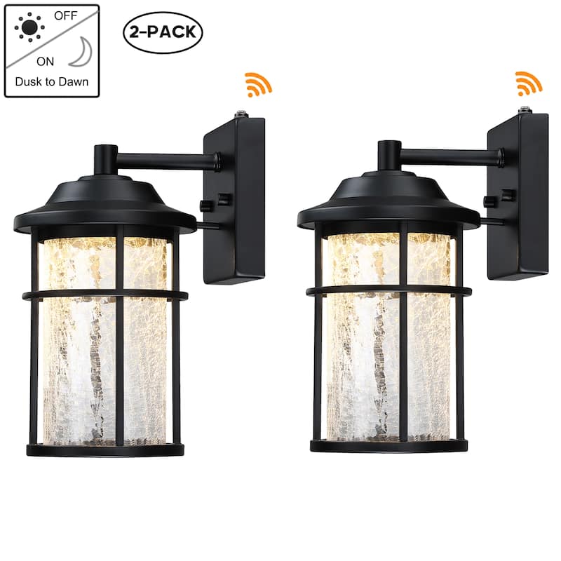 2-pack 1-Light Matte Black Finish Outdoor Wall Lantern Sconce with Crackle Glass(Dusk to Down Could be Chosen)