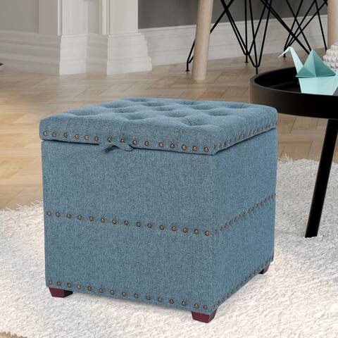 Adeco Fabric Upholstered Square Storage Ottoman Button with Removable Lid