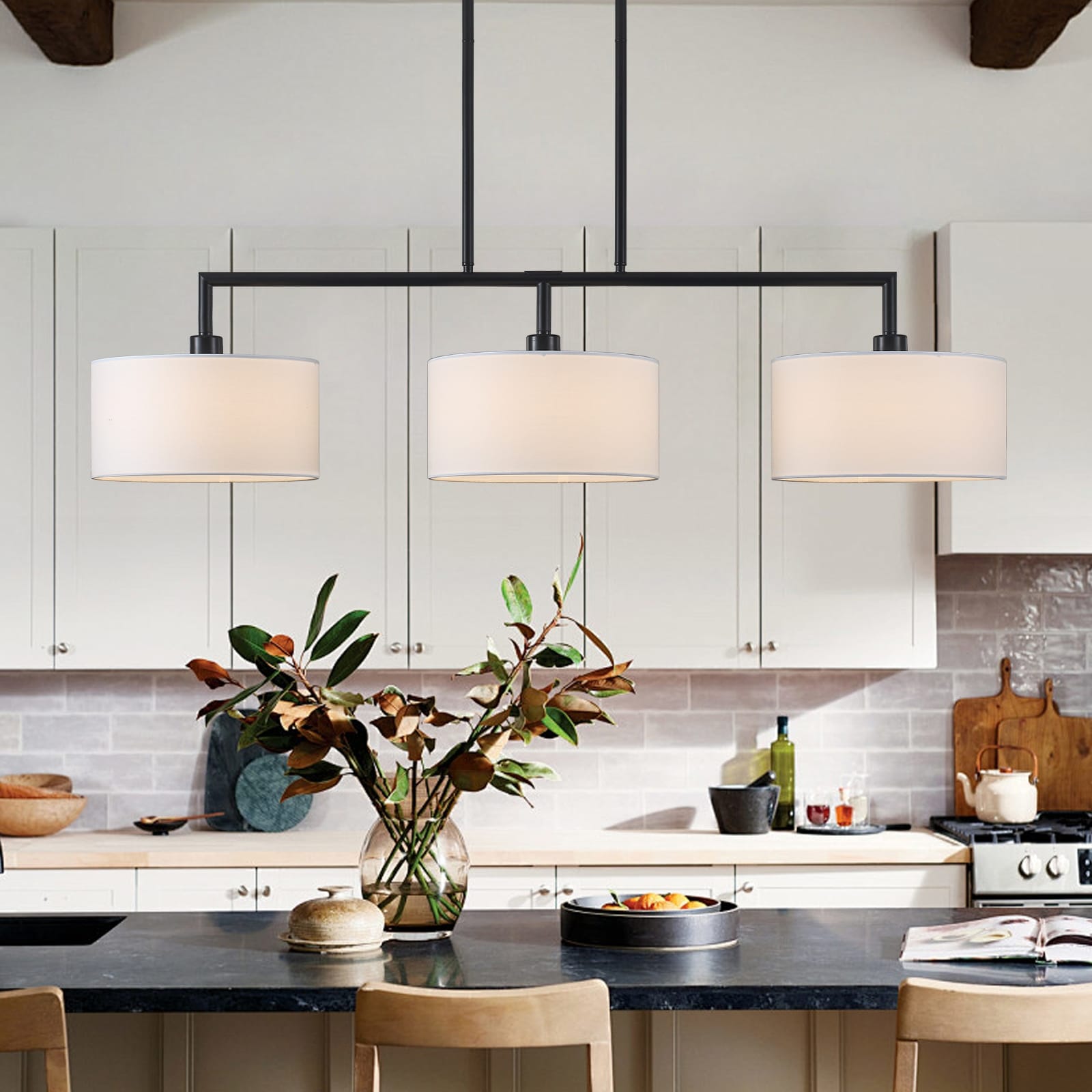 47" Modern Linear Kitchen Island Light Fixture, 3-Light White Linen Drum Shade Chandelier for Dining Room