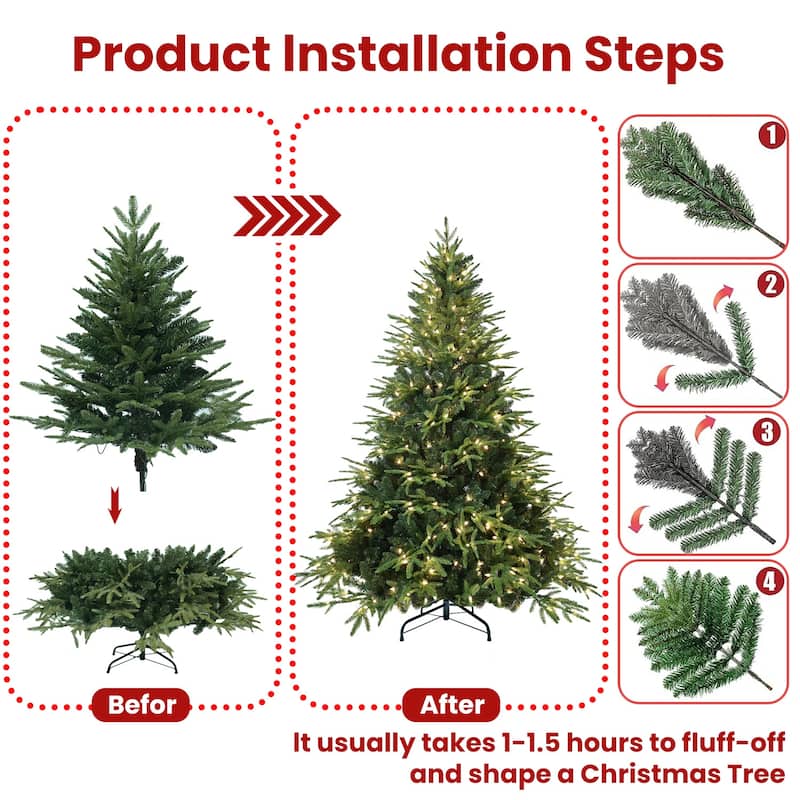 6ft Pre-Lit Christmas Tree with 400 Incandescent Lights, 1931 Tips, Hinged Pine with Memory Wire Branches, Foldable Metal Stand