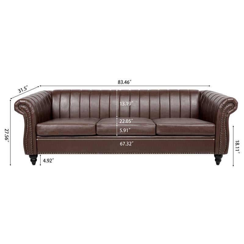 Chesterfield Sofa 83.46" with PU Leather, Quilted Backrest, Birch Legs
