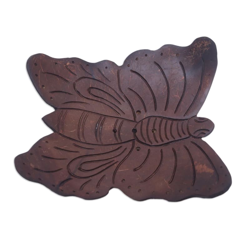 Novica Handmade Butterfly Touchdown Coconut Shell Soap Dish - Brown