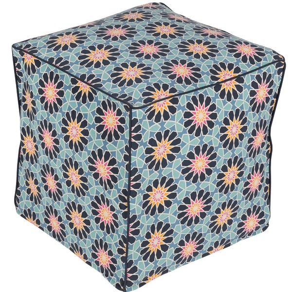 18" Blue and Orange Floral Patterned Cotton Square Pouf Ottoman - N/A