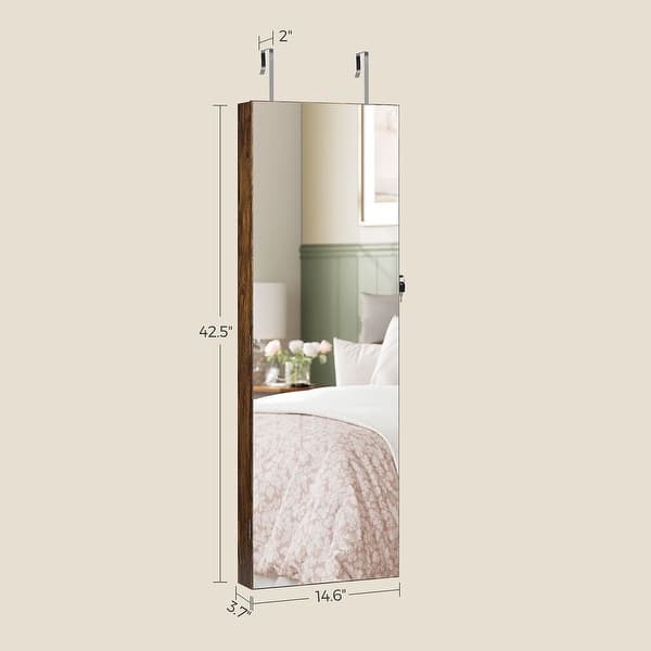 dimension image slide 1 of 3, 6 LED Lights Lockable Wall Mounted Jewelry Armoire with Full-Length Mirror