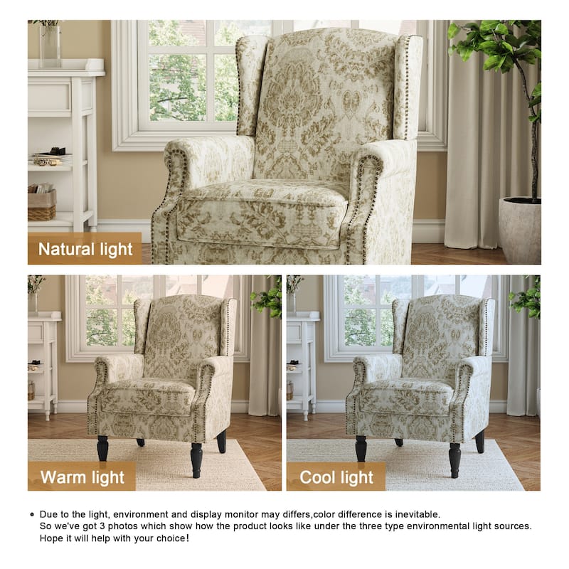 Traditional Floral Patterned Wingback Armchair with Nailhead Trim