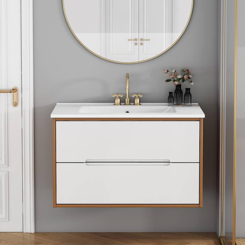 32 Inch Floating Bathroom Vanity with Sink & Double Drawers, Wall-Mounted Bathroom Vanity Base with Ceramic Basin