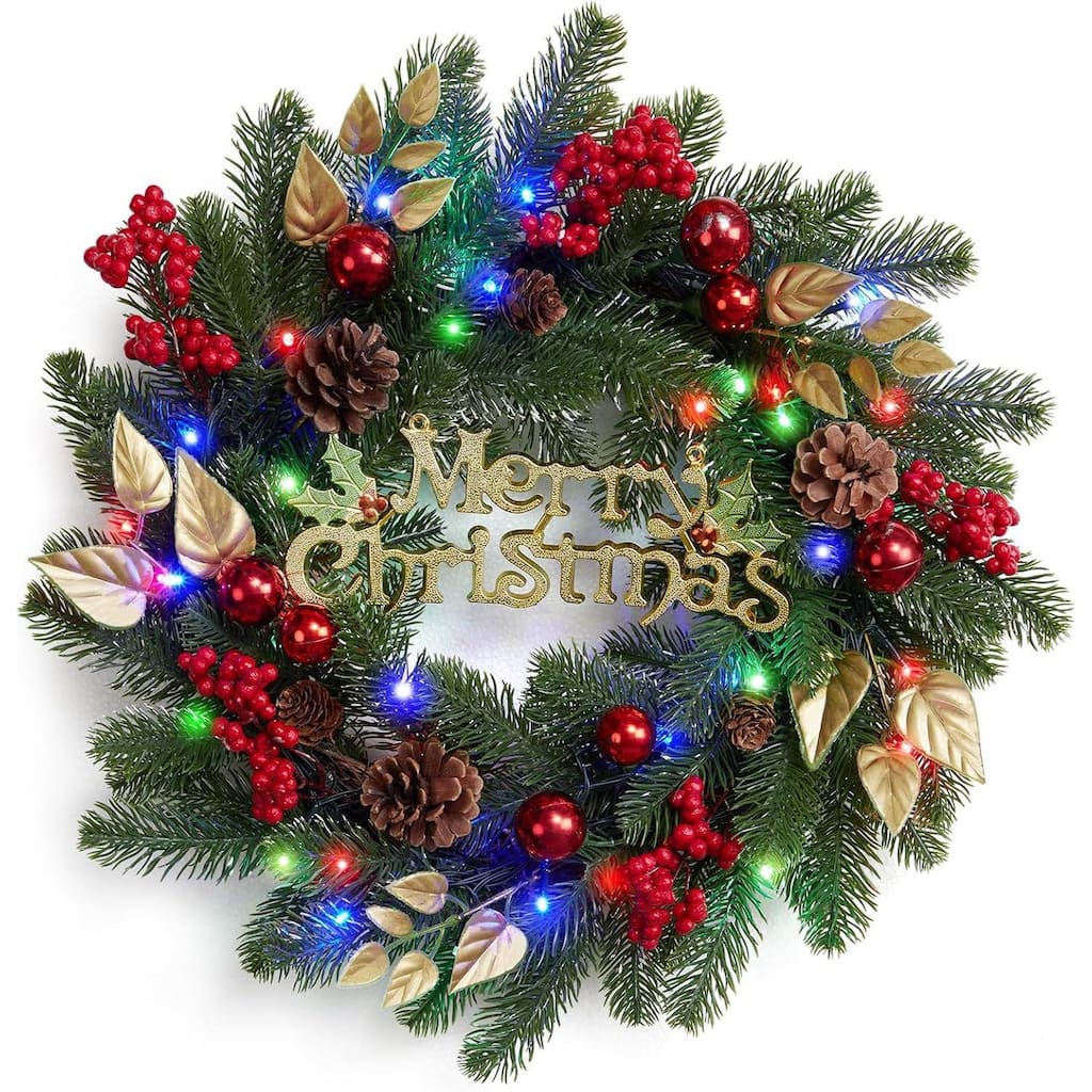18 Inch Prelit Xmas Wreath with Colorful Lights for Wall Window Porch Decorations - N/A