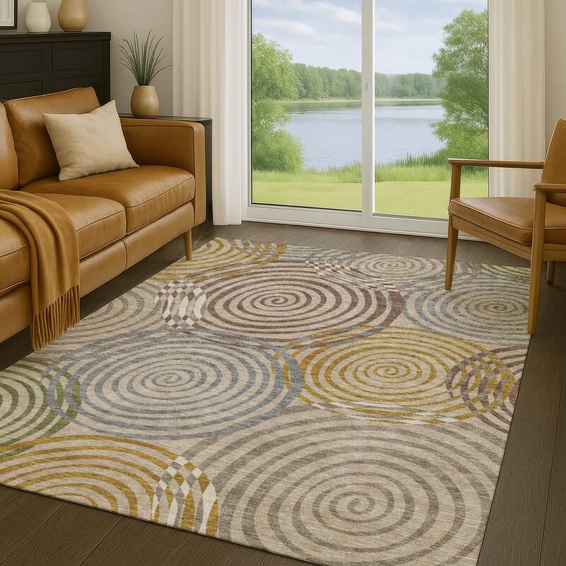 Machine Washable Indoor/ Outdoor Contemporary Swirls Chantille Rug