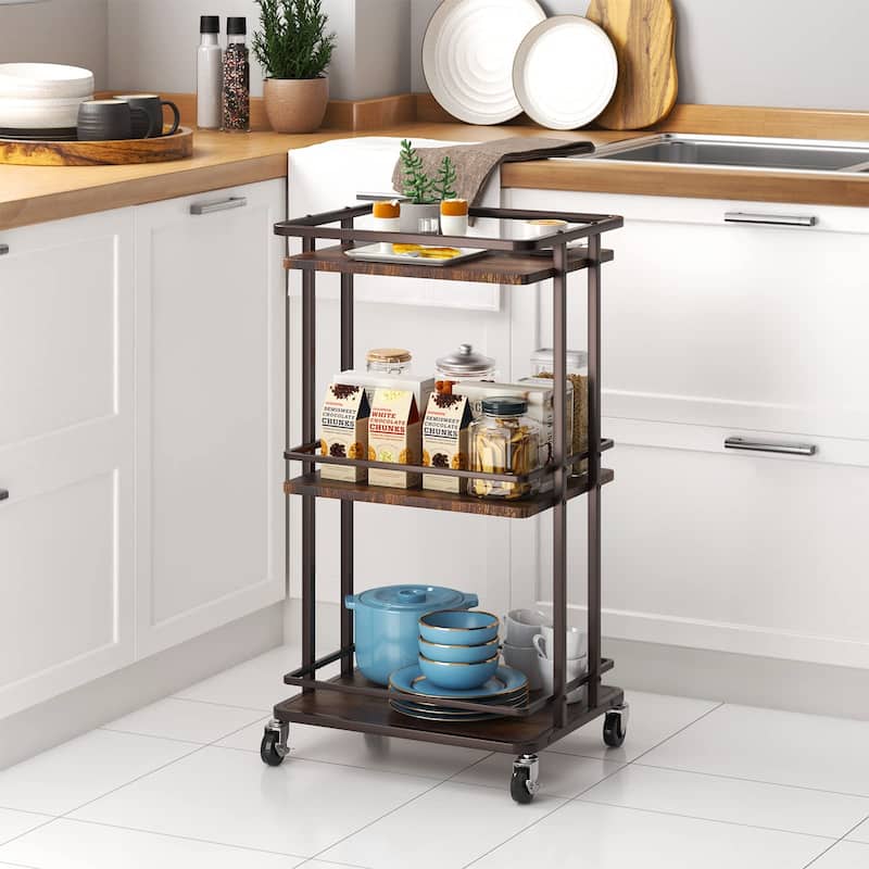 3-Tier Rolling Serving Bar Cart, Wood and Metal Kitchen Island Storage Cart with Wheels, Multifunction Utility Drink Cart