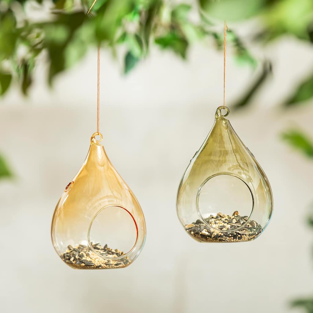 6" Tear Drop Glass Bird Feeders, Set of 2