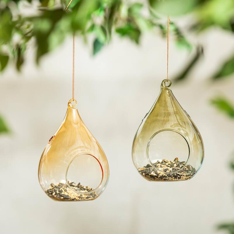 6" Tear Drop Glass Bird Feeders, Set of 2