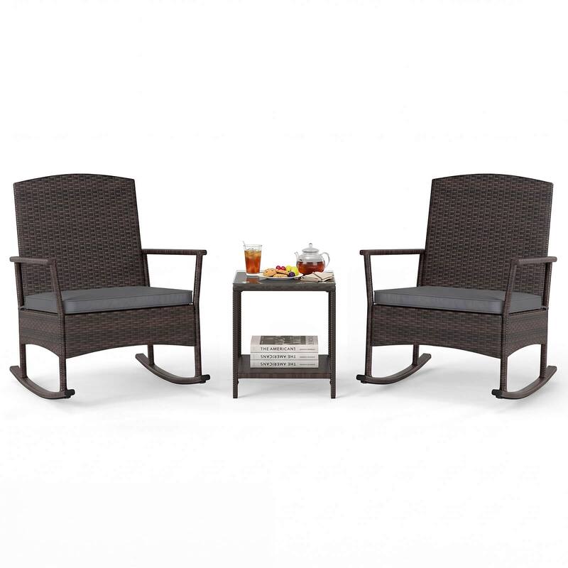 Costway 3 Piece Patio Rocking Set Wicker Rocking Chairs with 2-Tier - See Details