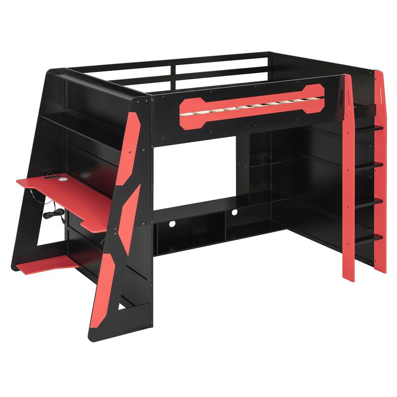 Roomfitters Full Size Gaming Loft Bed with Desk, Shelves and RGB Light, Esports Style