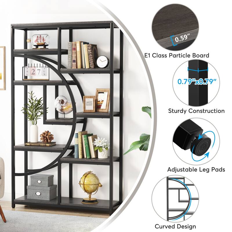 Industrial Etagere Bookcase with 8-Open Storage Shelf, Tall Geometric Book Shelves