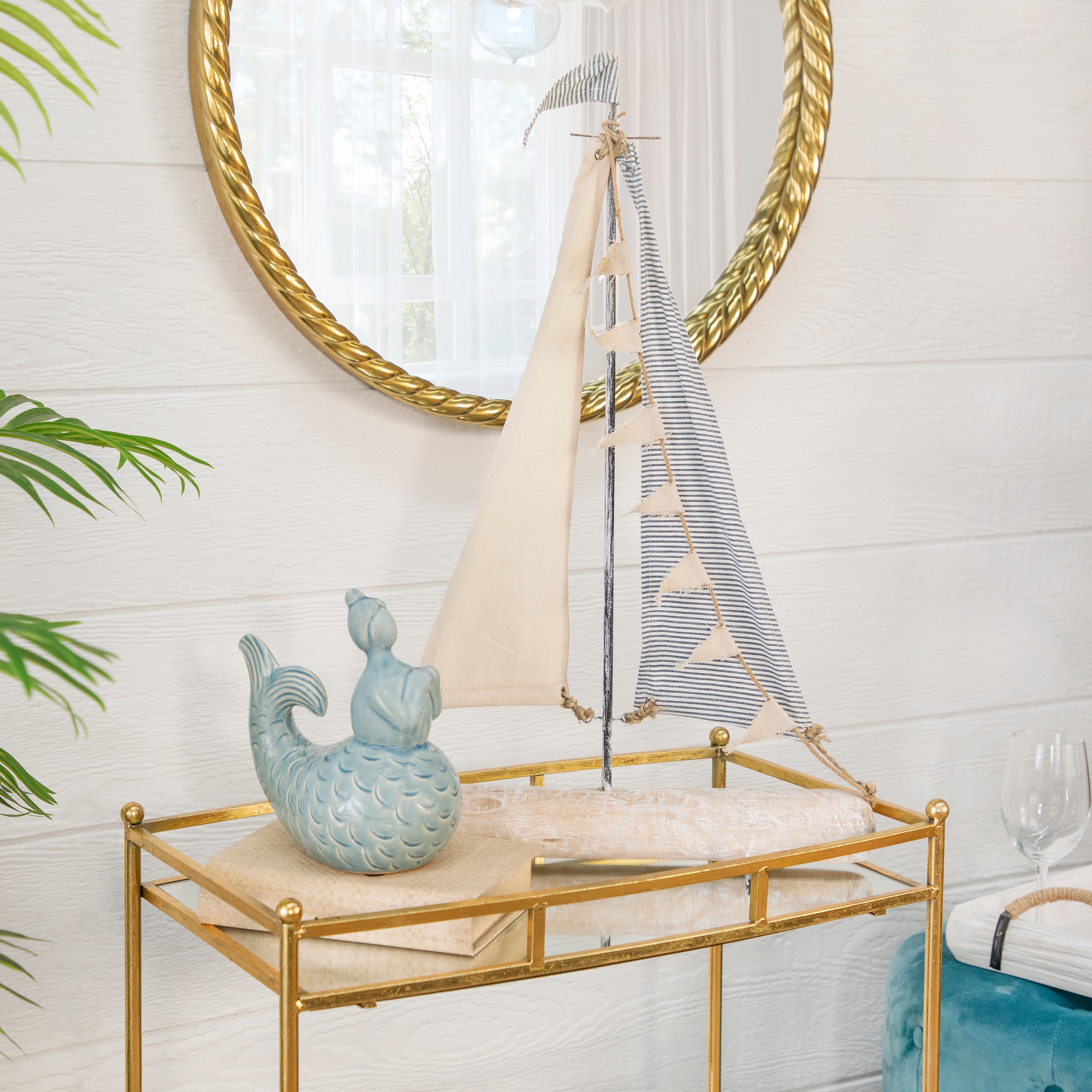 Sagebrook Home Iron Sailboat with Cloth Sails Home Decor Decorative Sculpture - Home Decor for Beach, Nautical, Coastal Theme