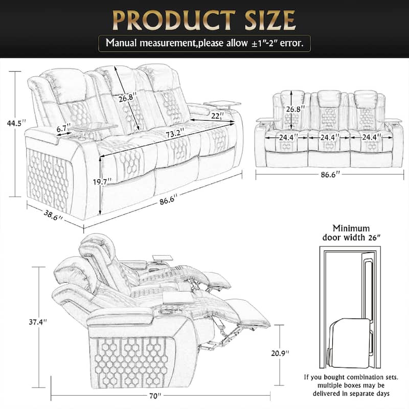 Roomfitters 86.6" Power Recliner 3-Piece Set, Top-Grain Nappa Leather, 12-Color RGB LED & USB-C Charging, Black