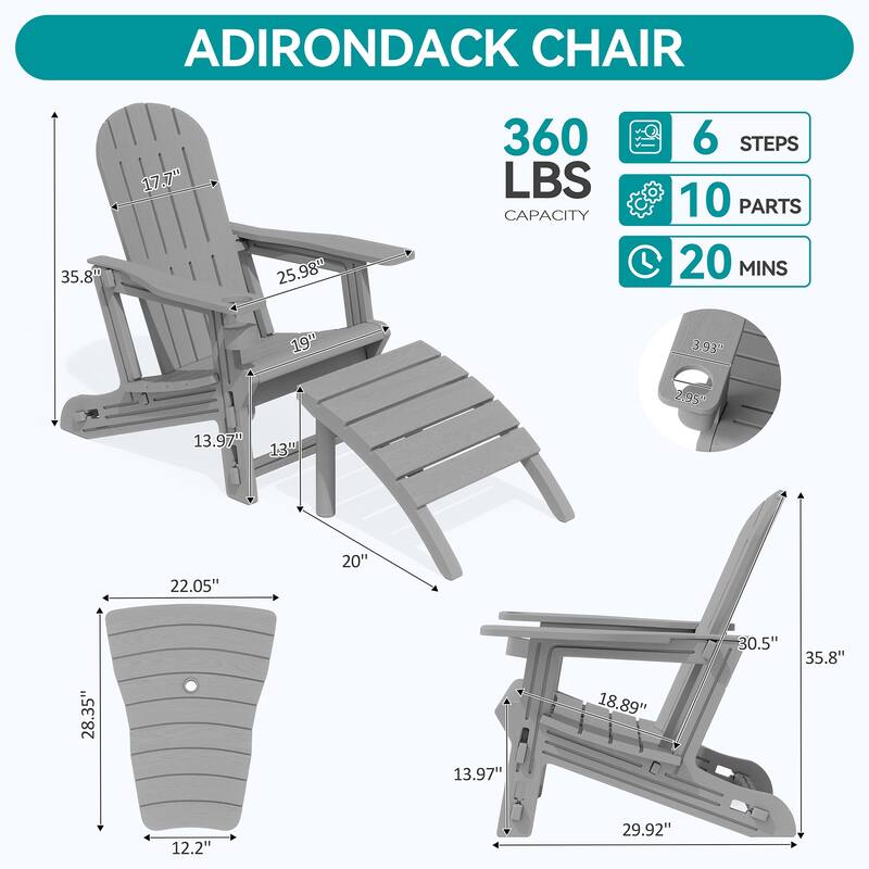 Outdoor All Weather Adirondack Chairs with Movable Footrests, Set of 5/3.