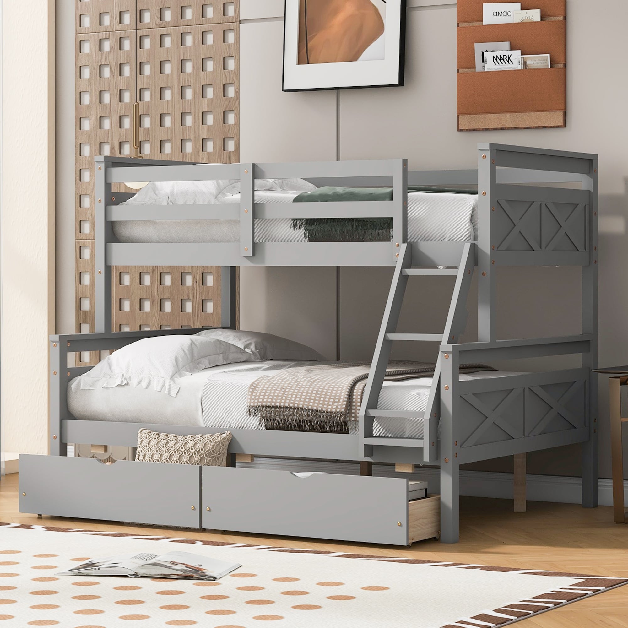Grey Twin Over Full Bunk Bed with Ladder, 2 Drawers, Safety Guardrail