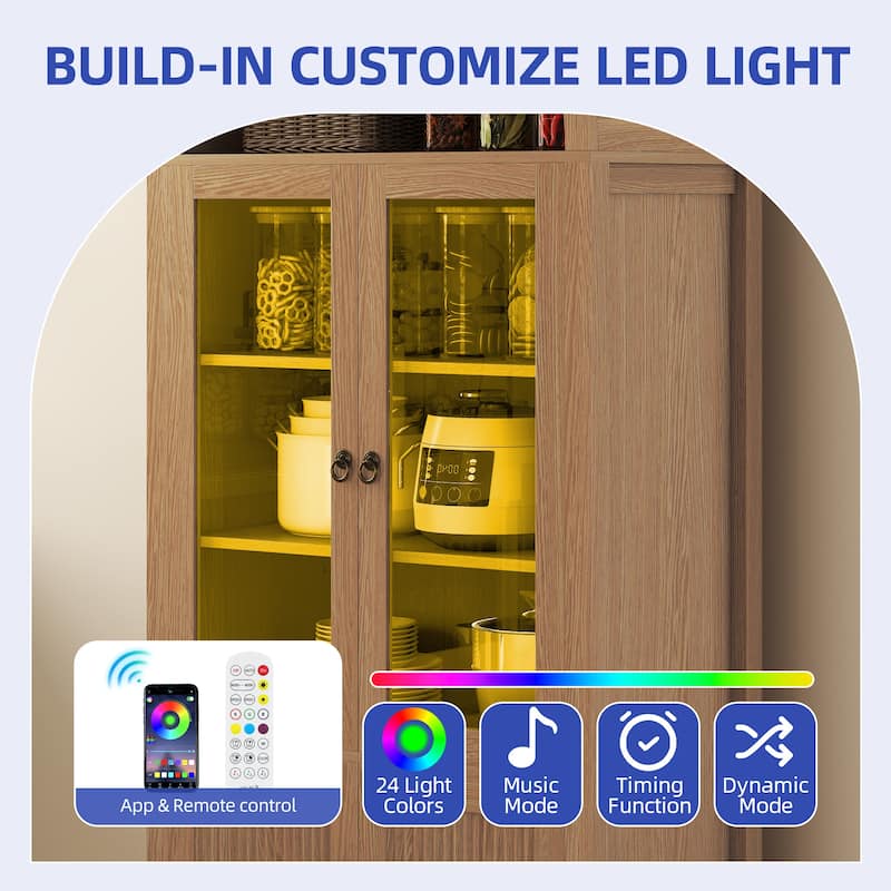 Moasis 71 Inch Tall Arched Display Cabinet with LED Lighting and Glass Doors for Living Room or Dining Room Storage