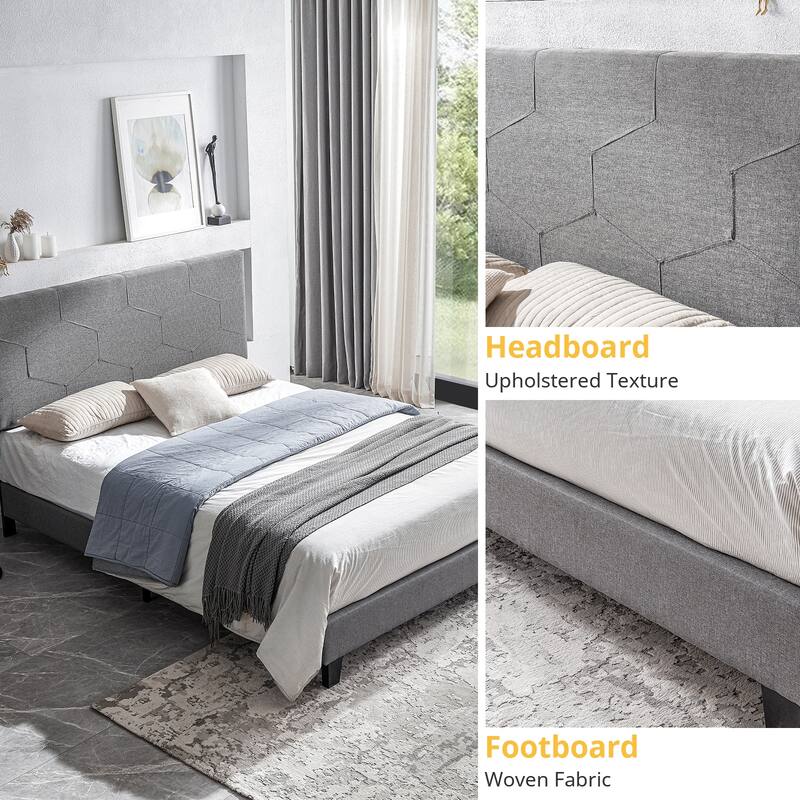 Grey Queen Size Upholstered Platform Bed with Slat Support