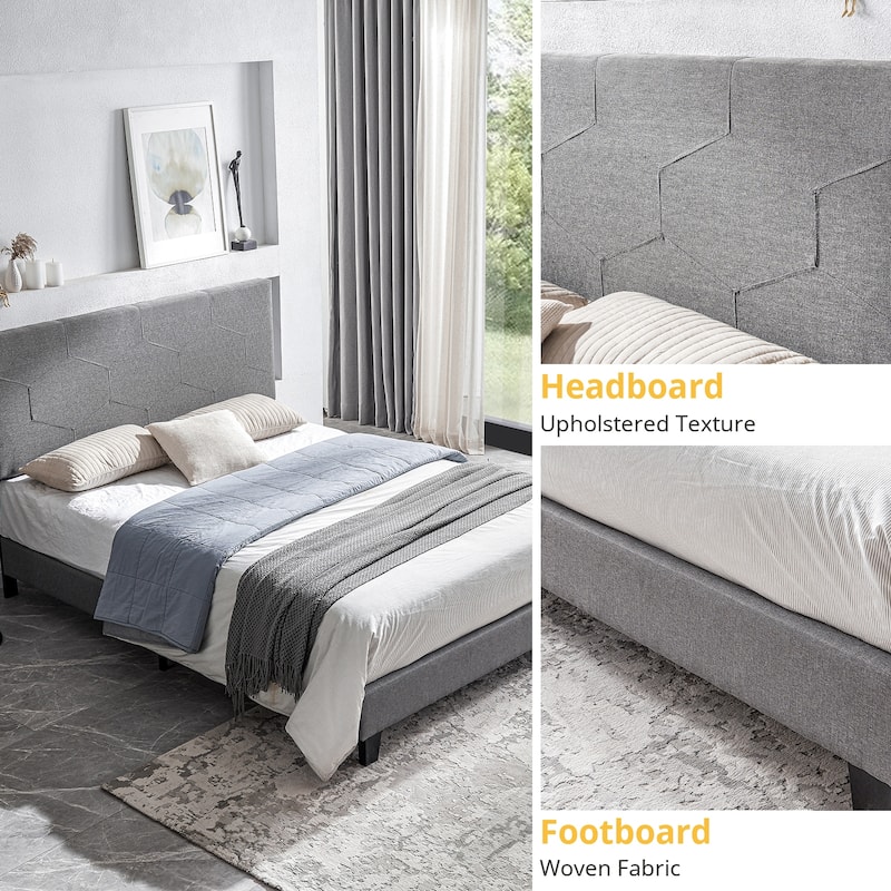 Queen Size Upholstered Platform Bed Frame, Wood Slat Support, Easy Assembly, Grey