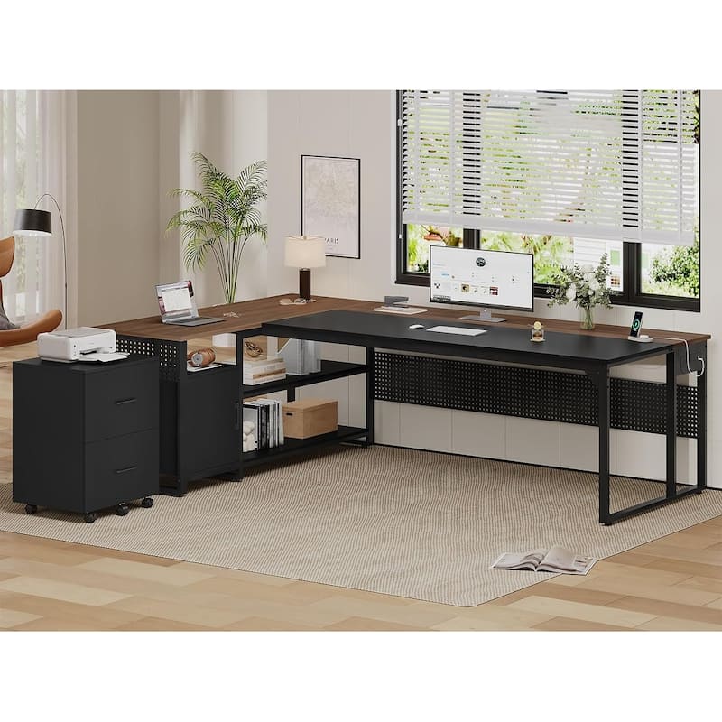 Executive Desk L Shaped Desk File Drawers Power Outlets Computer Desk