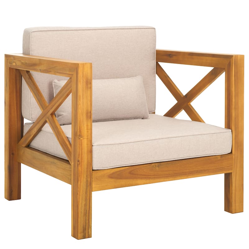 SAFAVIEH Outdoor Living Crewe Solid Wood Arm Chair - Natural/Light Grey - 30"W x 30"D x 31"H