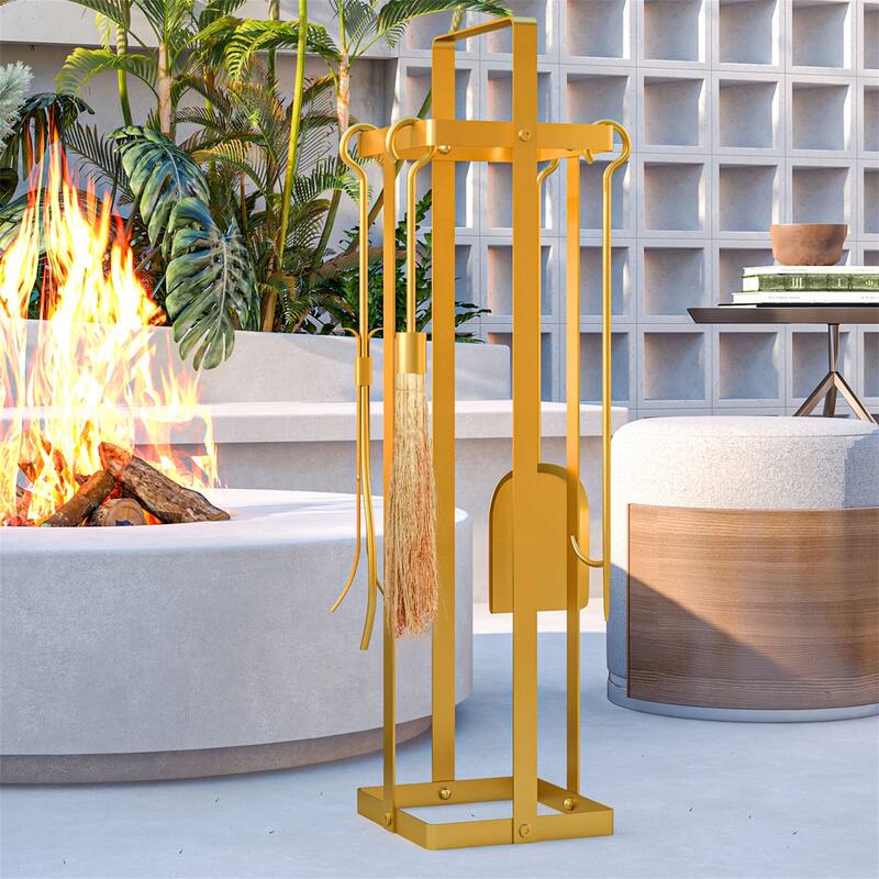 5 Piece Metal Fireplace Tools Set with Brush Broom, Poker, Shovel, Tongs and Stand for Chimney - Gold