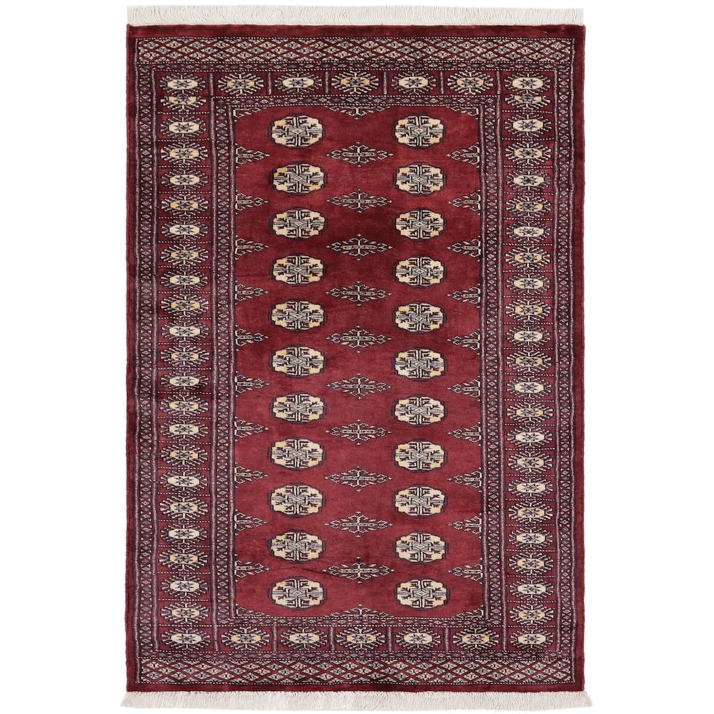 Southwestern Bokhara Adalyn Maroon Gray Hand Knotted Rug - 3'0'' x 5'0''