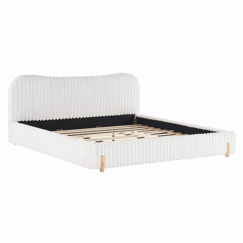 Sleek White Bouclé Upholstered Bed with Wavy Headboard & Vertical Stitching