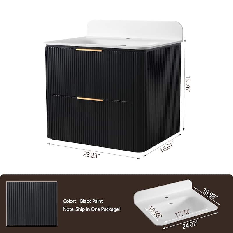 24" Floating Bathroom Vanity with Integrated countertop Rectangulare Sink Solid Wood - 24 inch