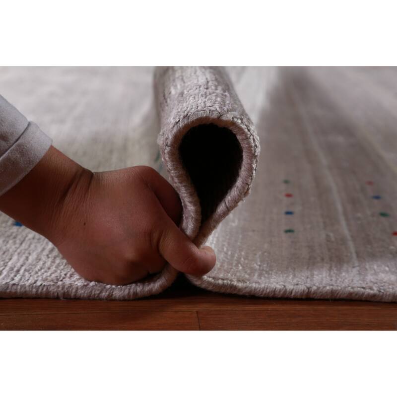 Hand Knotted Oriental Viscose Silk Carpet Tribal Stripe Greys & Charcoal Gabbeh Area Rug - 12' 5'' X 9' 3''