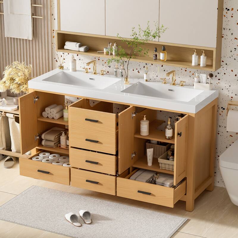 59.3" Double Sink Bathroom Vanity, Solid Wood Frame Vanity Cabinet, Double SMC Resin Sink - 59.3 Inch