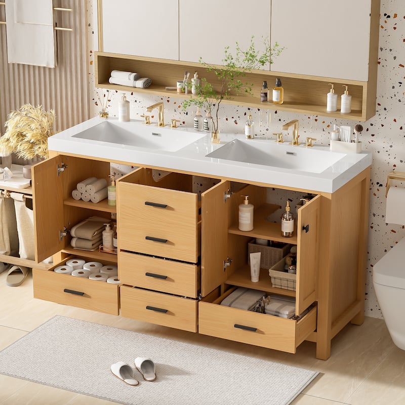 GDFStudio - Willow Transitional Freestanding Bathroom Vanity Cabinet with Double Sink, Soft Close Storages & Adjustable Shelves