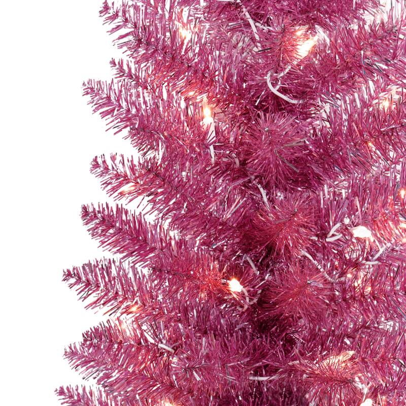 Puleo International 6 ft. Pre-Lit Pink Tinsel Artificial Tree