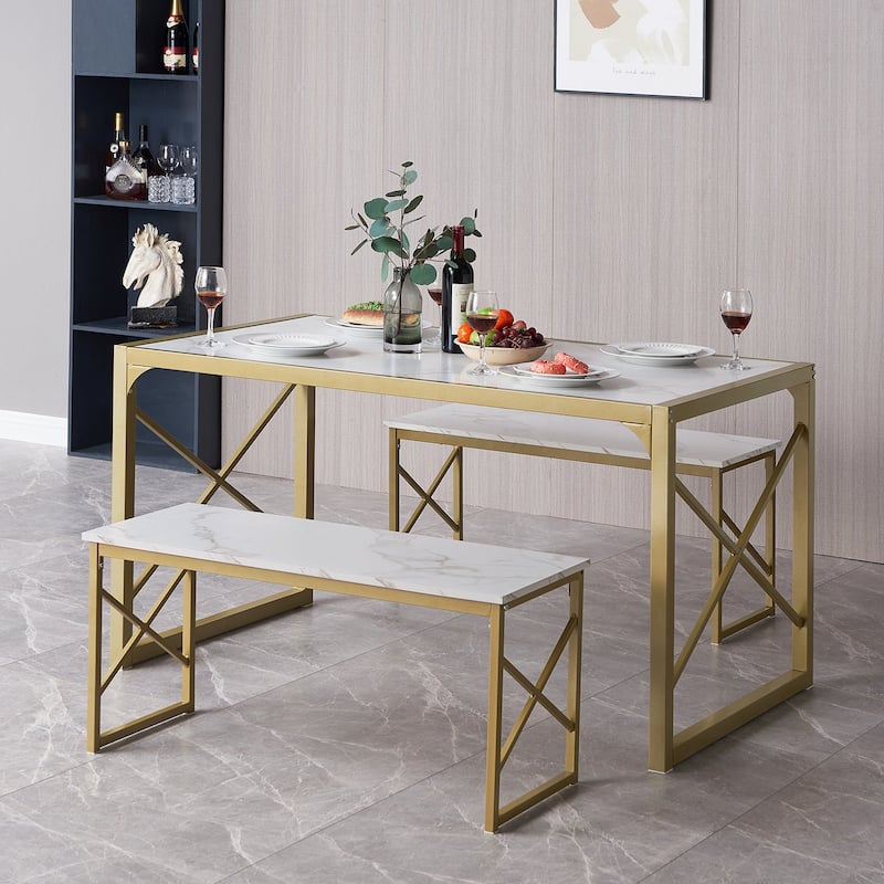 Javlergo 3-Piece Dining Table Set, 43"/55" Modern Wood Table Top Dining Table Set with Bench - 55" - Gold