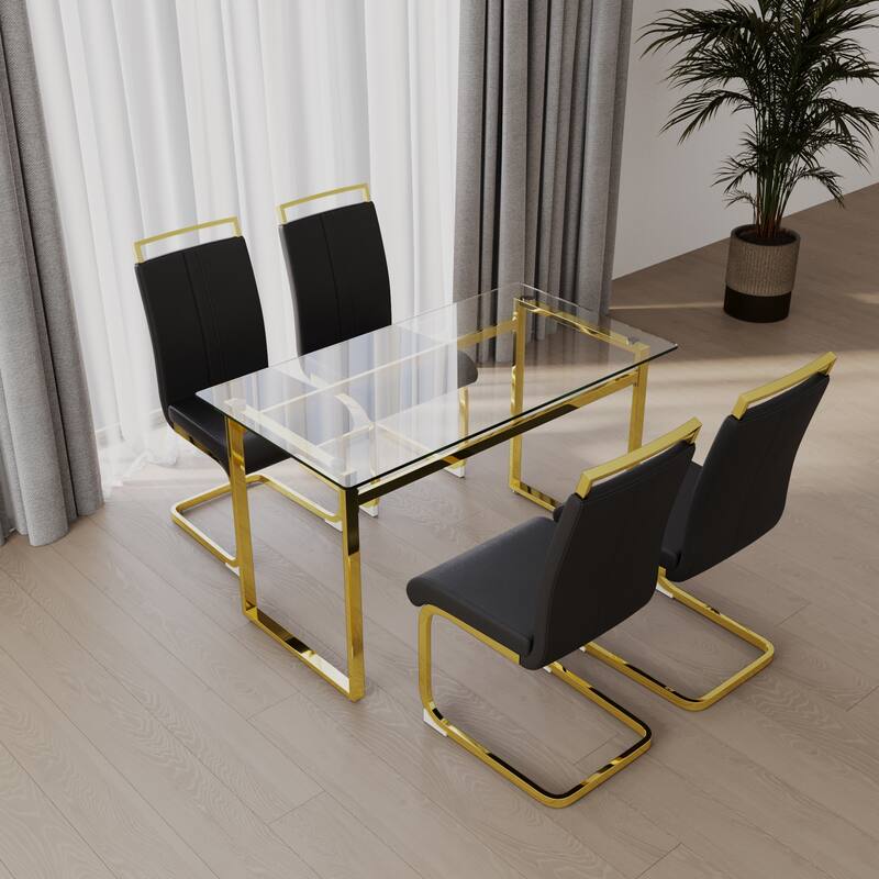 5-Piece Glass Dining Table Set with Gold Metal Legs and 4 PU Upholstered Chairs