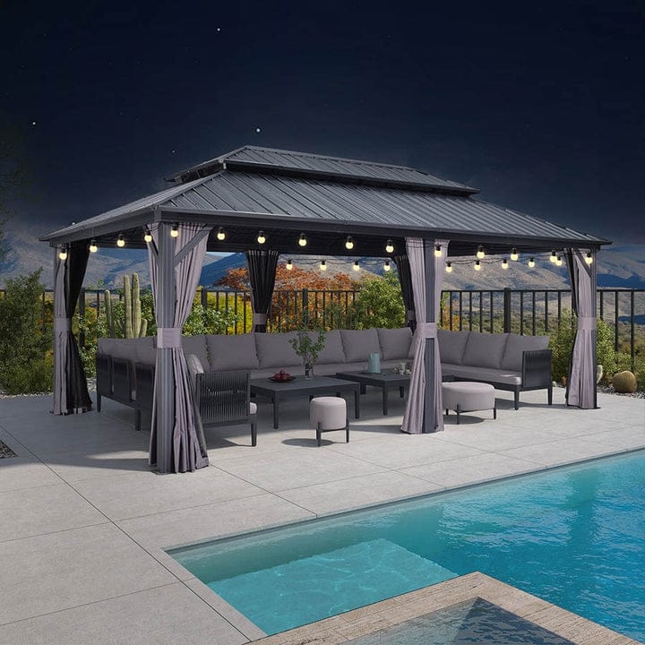 PURPLE LEAF Gazebo Outdoor Gazebo with Dual-Layer Galvanized Steel Double Roof Aluminum Gazebo with Netting and Curtains Grey - 12' x 20'(Hot Sale) - With light