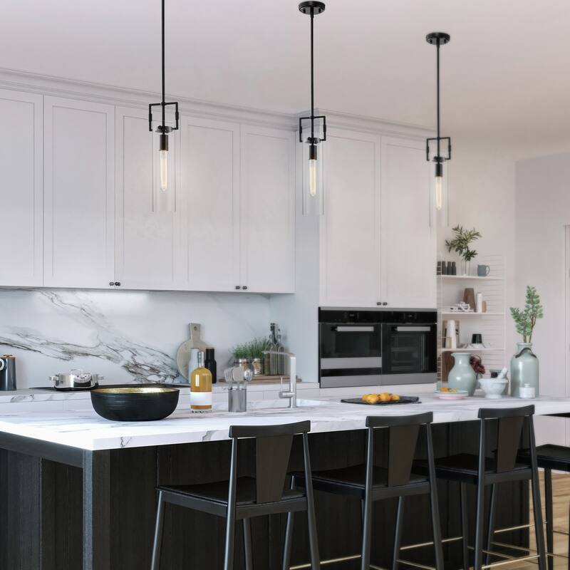 1-Light Matte Black Mini Pendant with Clear Cylindrical Glass Shade